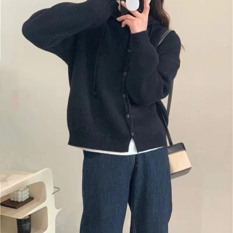 Simple casual hooded knitted cardigan top women's autumn and winter new loose lazy wind sweater jacket