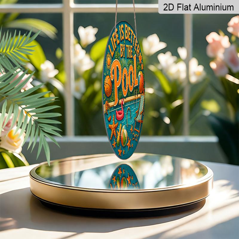 2D Flat, 1pc Round Aluminum "Life Is Better By The Pool" Sign, Tropical Summer Poolside Metal Plaque with Flamingo & Beach Ball Design, Waterproof