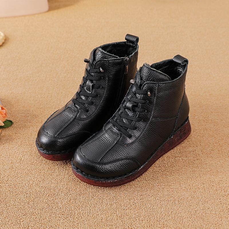 New winter leather velvet warm snow boots non-slip soft sole low heel women's cotton shoes short boots women