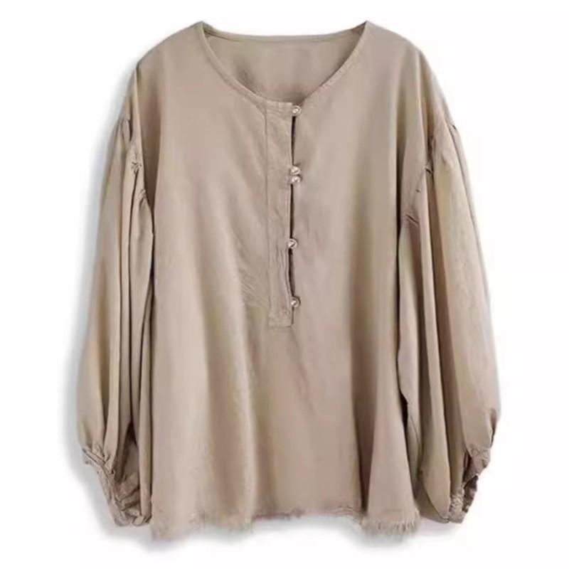 

Johnature Женские винтажные футболки с рукавами-фонариками, однотонные футболки, весенние женские футболки на пуговицах в китайском стиле One Size