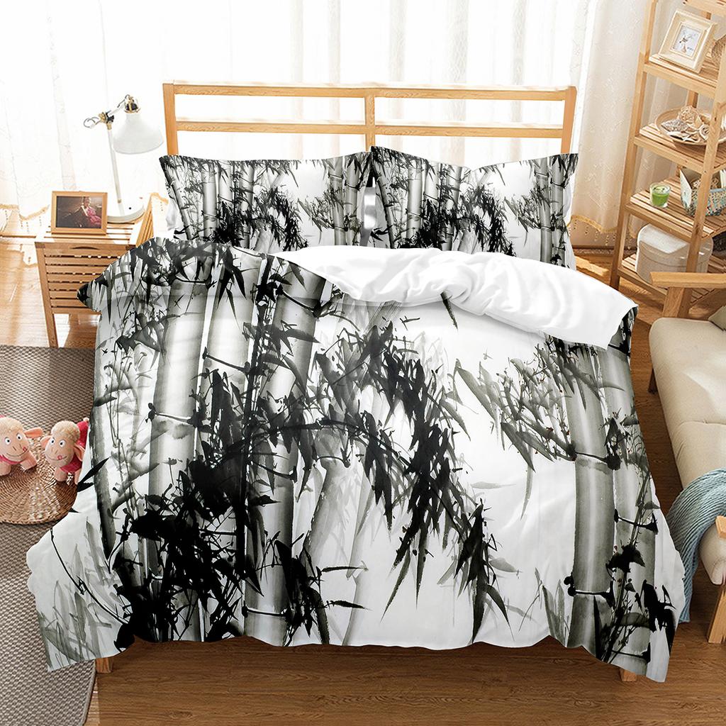 Bambus Dynetrekksett Tusjmaling Svart Grønn Bambus Polyester Dynetrekk King Queen Size For Barn Gutter Jenter Sengetøysett
