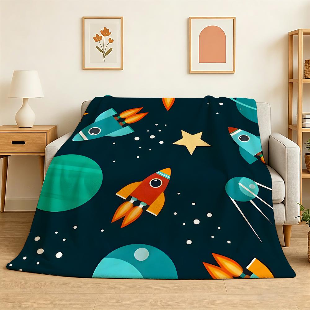 Outer Space Spaceship Astronaut Rocket Throw 240g Lightweight Flannel Blanket, Soft Skin Throw Blanket for Sofa Bedroom