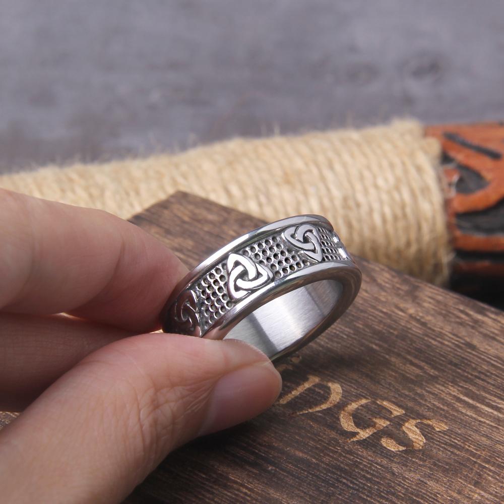 Viking Stainless Steel Celtics Knot Ring for Men Women Nordic Trinity Wedding Band Promise Jewelry with Wooden Gift Box
