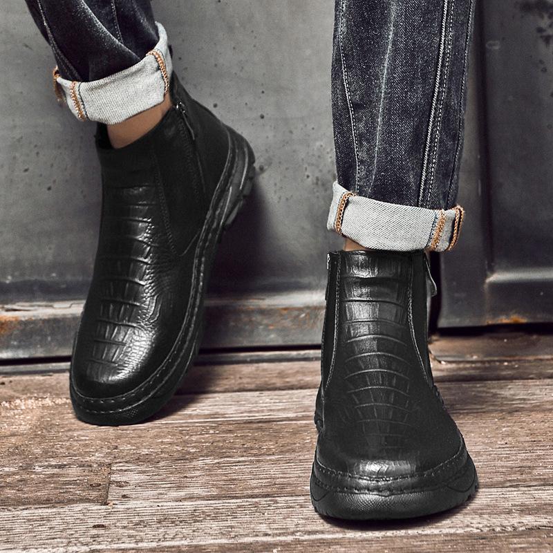Men's shoes first-layer cowhide short boots business leather boots outdoor leisure autumn and winter high-top zipper foot crocodile cotton boots