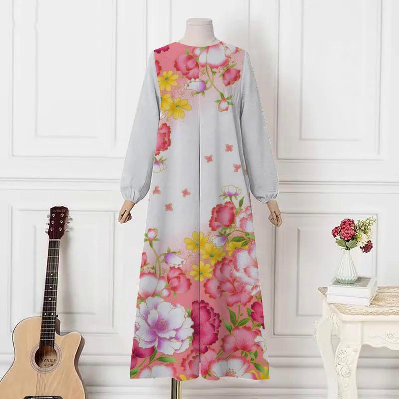 

Muslim Islamic long skirt, abaya, round neck, elegant print, Muslim headscarf, vintage Muslim dress, casual evening dress, women 5XL чорний