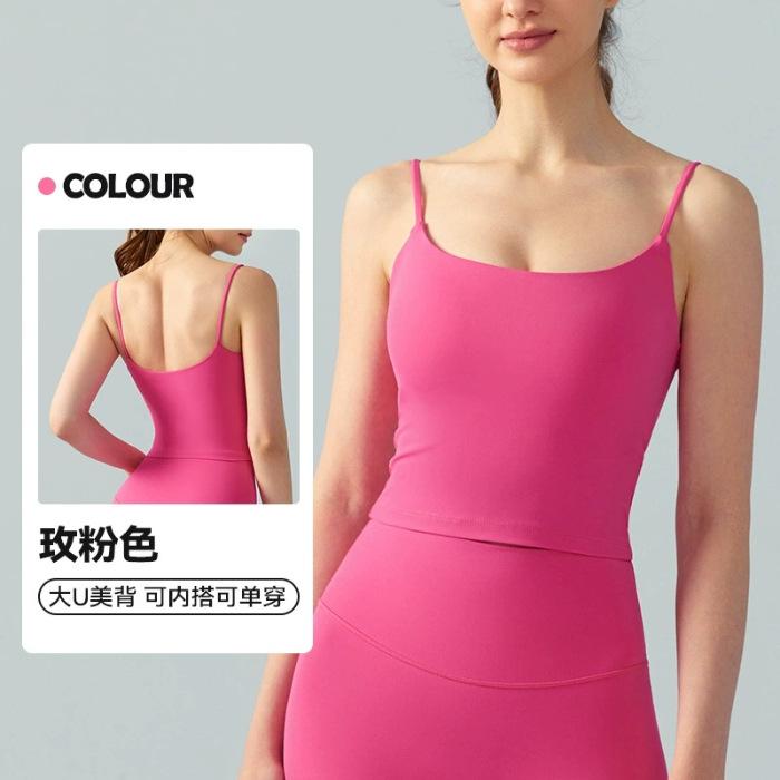 

Sexy U-shaped beauty back yoga vest top, thin shoulder straps, short tight and thin semi-fixed cup sports bra women L роза розовый