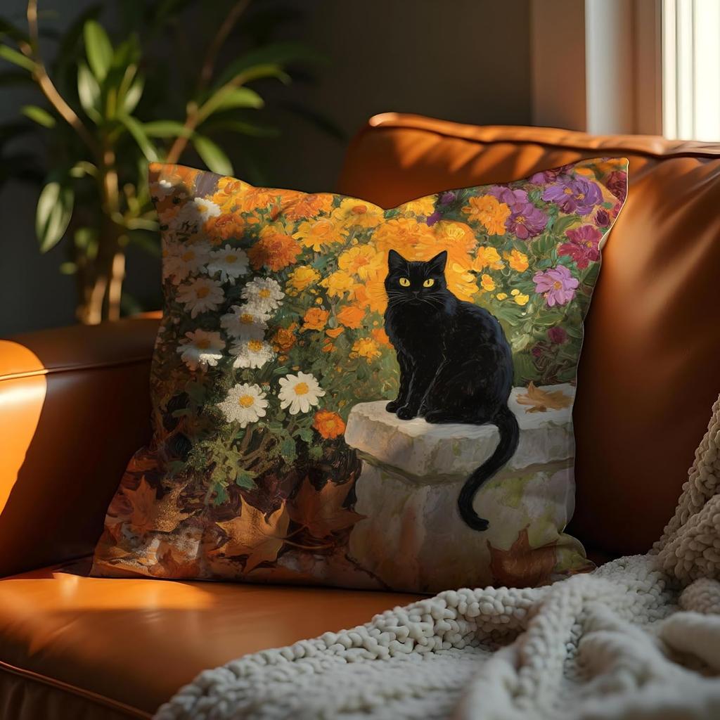 Floral Black Cat Pillow Cover 18x18, Cat Lovers Gifts for Women, Garden Cats Decorative Pillowcase for Home Bedroom Living Room
