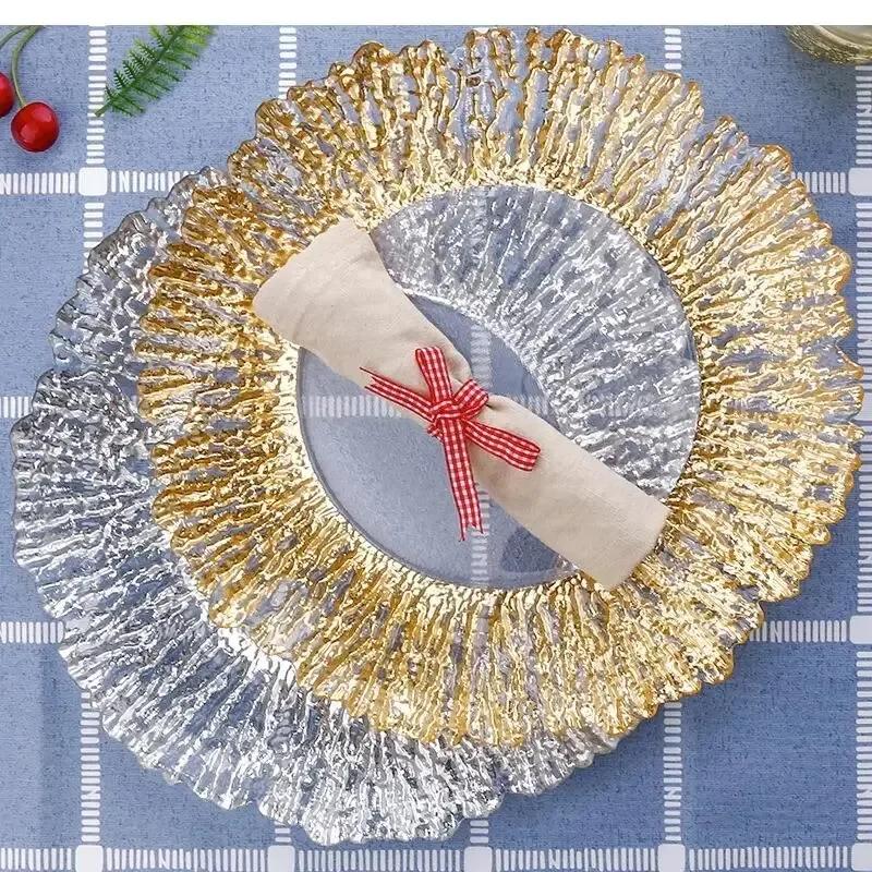 Transparent Golden Glass Tray Coral Reef Charging Board Round Dinner Set Plates and Dishes Wedding Christmas Decoration