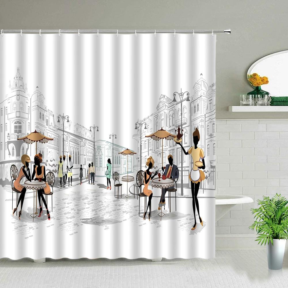 Paris Street Scenery Black And White Design Red Tram Bathroom Shower Curtain Waterproof Bathtub Home Decor Background Curtains