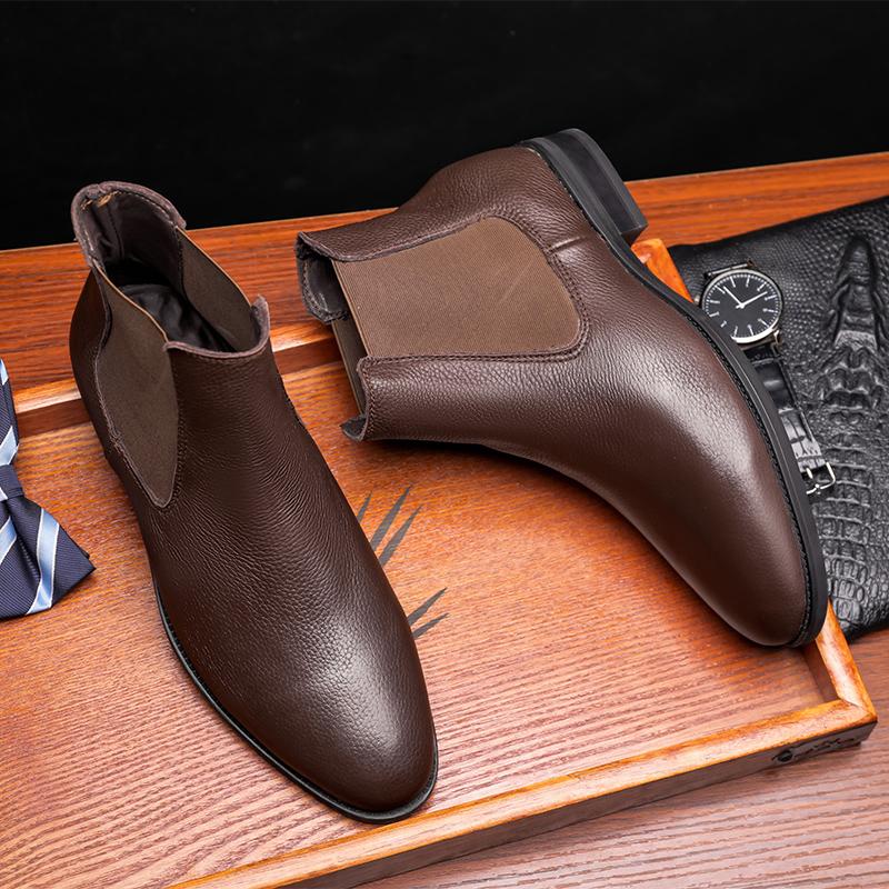 Elegant Chelsea Boots Leather Men Slip-on Dress Formal Boots Model Fashion Motorcycle Boots Vintage British Style Platform Boots