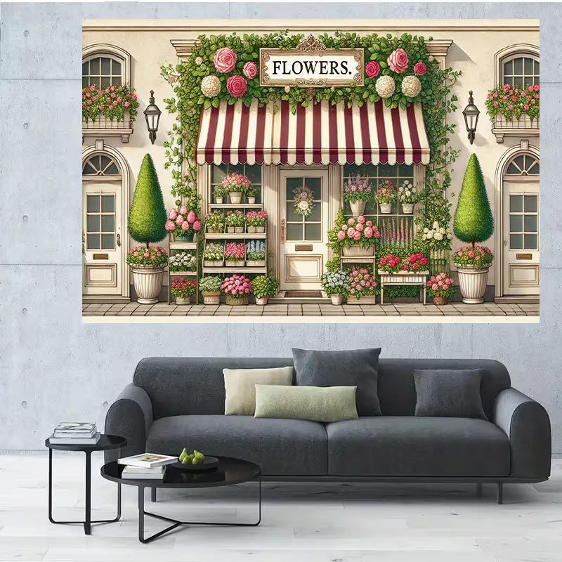 2D Vintage Flower Shop Backdrop, Romantic Floral Store Photography Background