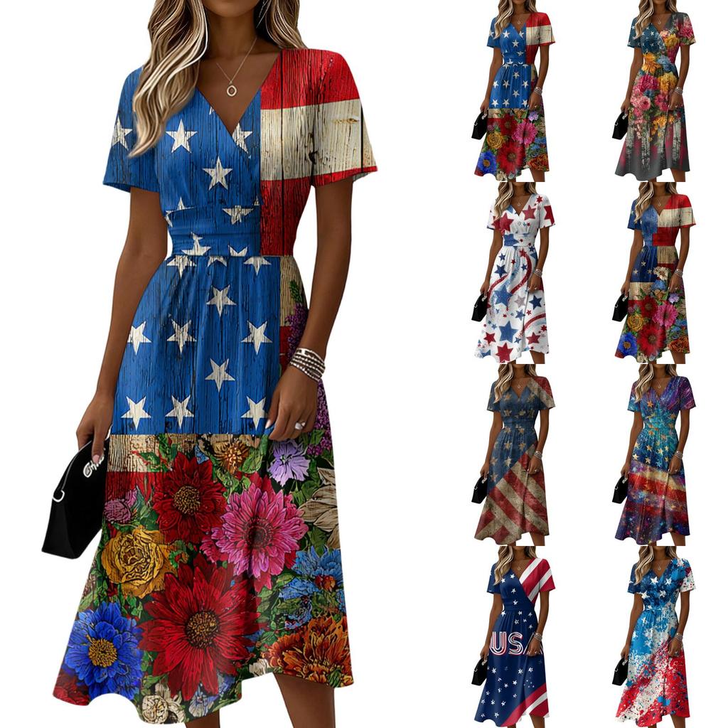 Women’s V Neck Short Sleeve Maxi Dress with Star and Floral Print 4th of July Dress Independence Day Dress Holiday Party Outfit