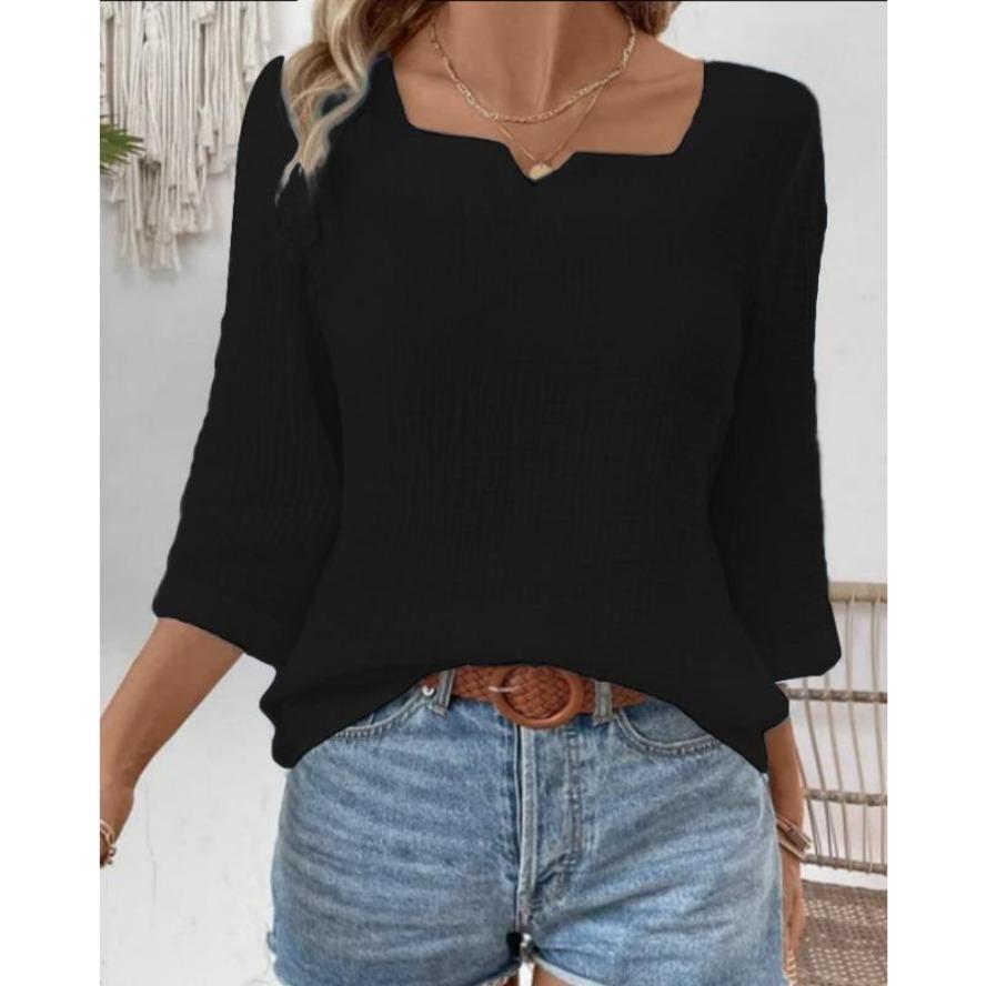 

YYFS Женская мода Повседневная Летняя Весна Однотонный Принт Рукава 3/4 V-образный Вырез Блузки и Рубашки XXL чёрный