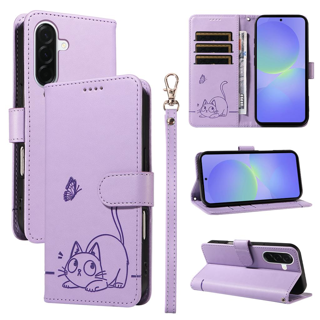 For Samsung Galaxy A37 5G Case Cat Pattern Imprint Leather Phone Cover with Wrist Strap