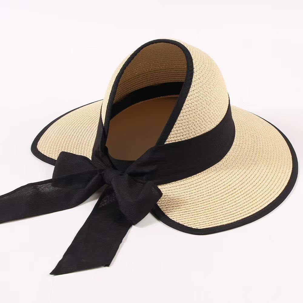 New Women's Straw Hat Summer Trip Beach Sunshade Hat Korean Fashion Bow Streamer Foldable Empty Top Hat