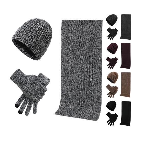 3Pcs/Set Women Winter Hat Scarf Gloves Set Solid Color Knitting Hat Long Scarf Touchscreen Gloves Set Winter Accessories