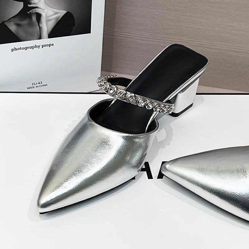 2025 summer wear thick high heels pointed temperament silver bag head half slippers new French high-end cool slippers women