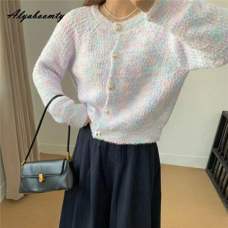 

Корейская мода осень зима женский вязаный кардиган с круглым вырезом красочный повседневный свободный вязаный свитер пастельного цвета теплое женское пальто One Size