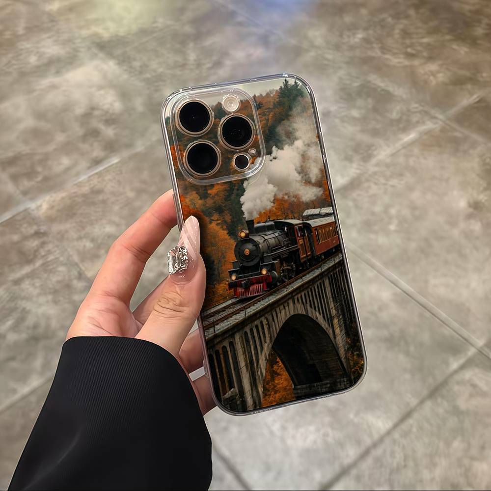 Train Railway Travel Transparent Back Phone Case For iPhone 17 16 15 13 12 11 14 Pro Max Mini Plus Silicone Bumper