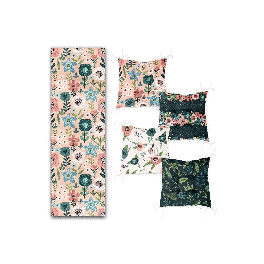 Conjunto de almofadas de cadeira impressas digitalmente com design de padrão de flor / 4 peças de almofadas de cadeira quadradas de 40 × 40 cm e corredor de 1 peça