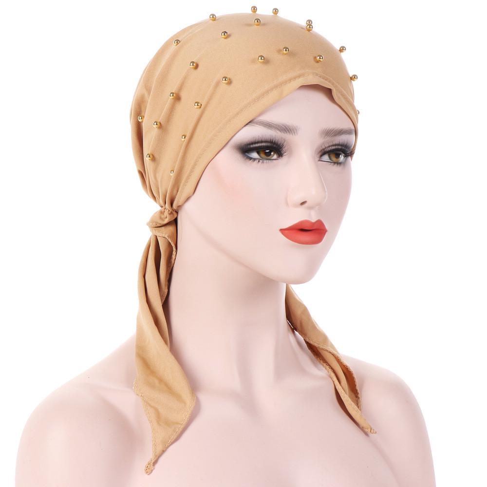 Women's Fashion turban hijab India Beading Muslim Stretch Turban Hat Cotton Hair Loss Head Scarf Wrap islamic headscarf
