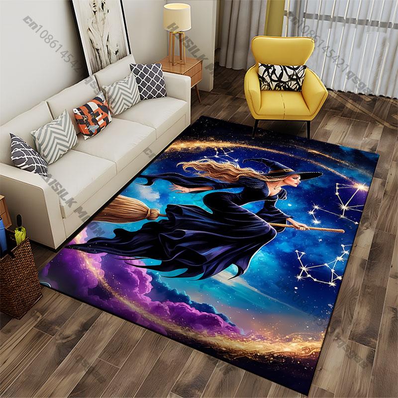 Witch Flying Through Magical Sky Carpet Yoga Living Room Room Decor Children's Crawling Mat Doormat Area Rug Games Mat