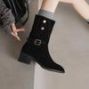 Krazing Pot Cow Suede Nubuck Winter Round Toe Modern Boots Med Heels Slip on Metal Rivets Women Mid-calf Boots