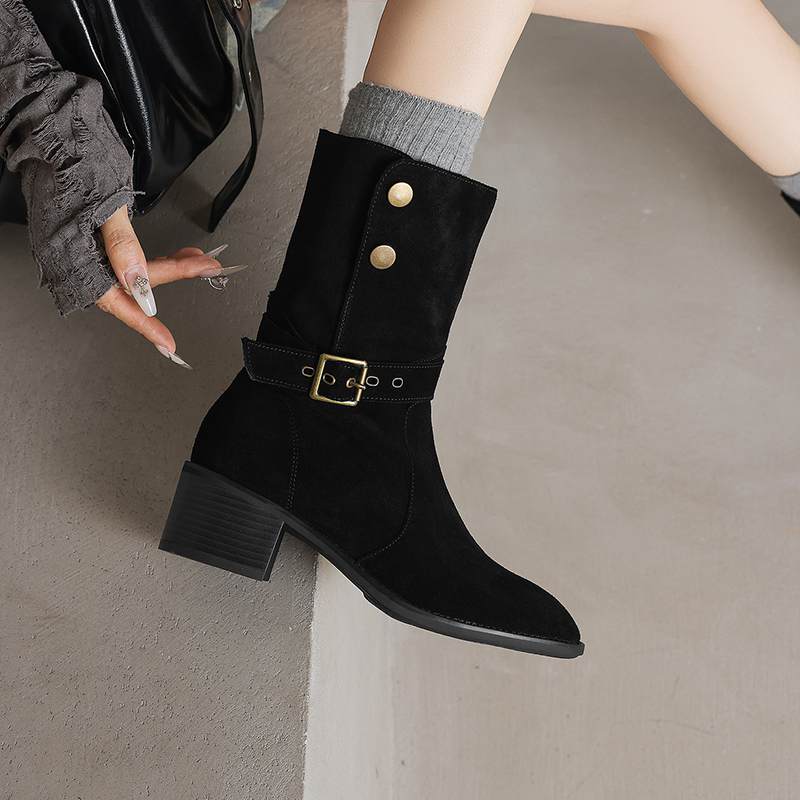 Krazing Pot Cow Suede Nubuck Winter Round Toe Modern Boots Med Heels Slip on Metal Rivets Women Mid-calf Boots