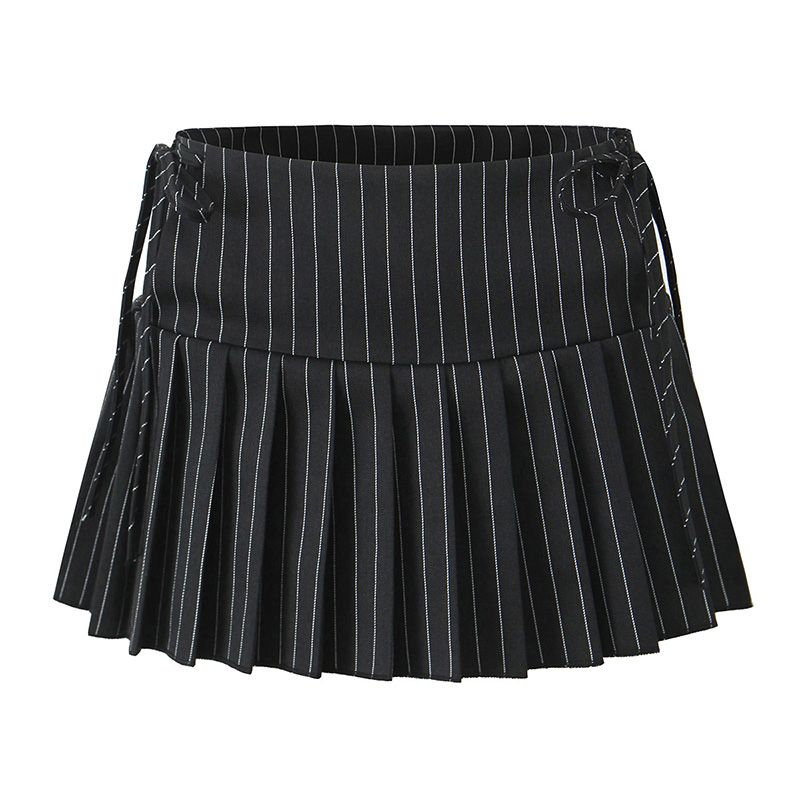 Silence Noise Sweet Cool Style Sexy Waist Tether Plaid Pleated Skirt Fashion Tape Skirt