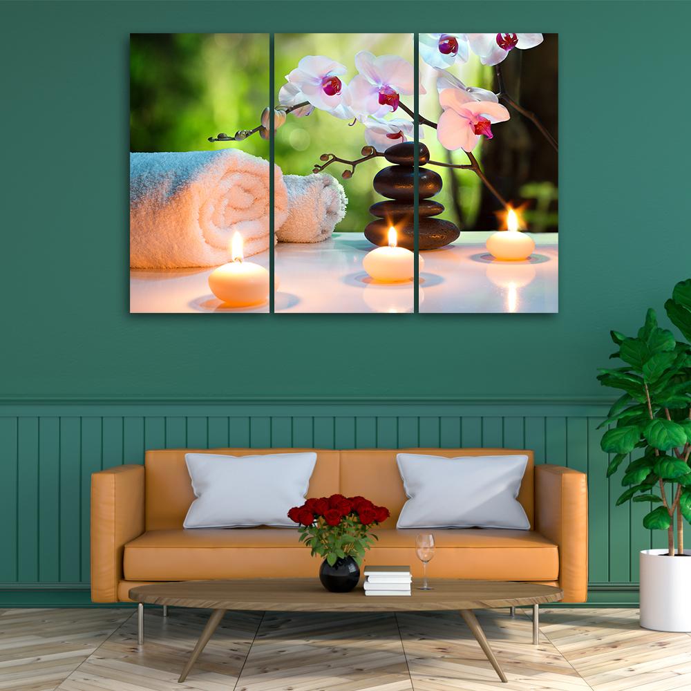Three Piece Picture Canvas Print Towel Flowers Candles