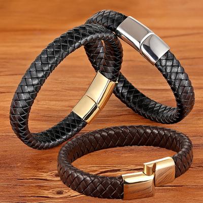 Braccialetto retrò Hip Hop in acciaio inossidabile e pelle intrecciata Braccialetto semplice con fibbia magnetica marrone nero per coppia Accessori per gioielli da uomo casual da indossare tutti i giorni