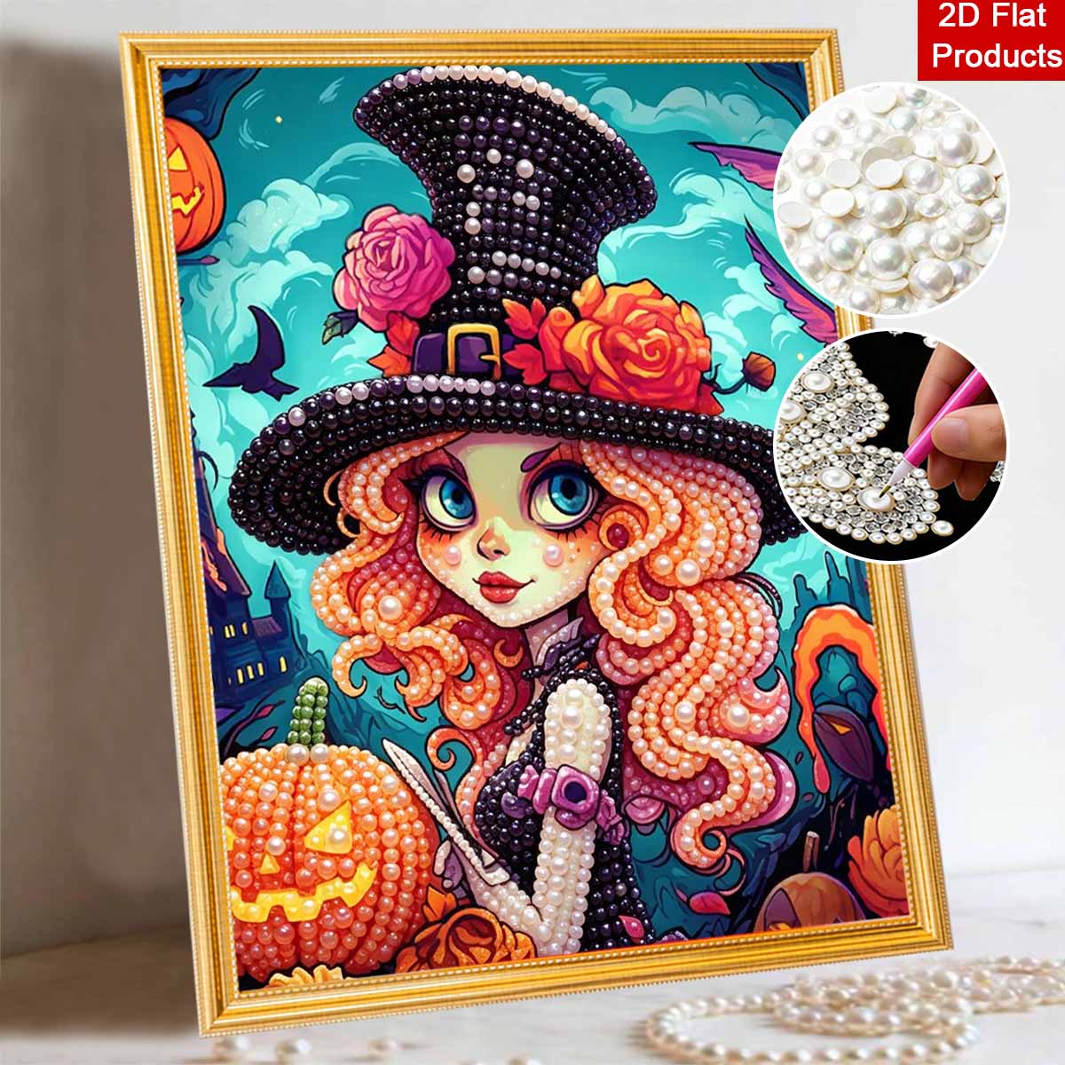 Halloween pearl painting art full pearl pumpkin witch handmade diy home decorations 30x40