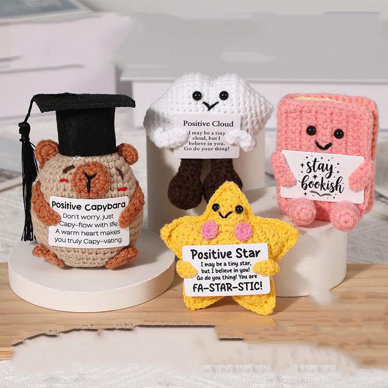 Funny Crochet Emotional Support Cloud Doll With Card Desktop Ornament Handmade Knitted Cake Dolls Christmas Gifts Home Decor