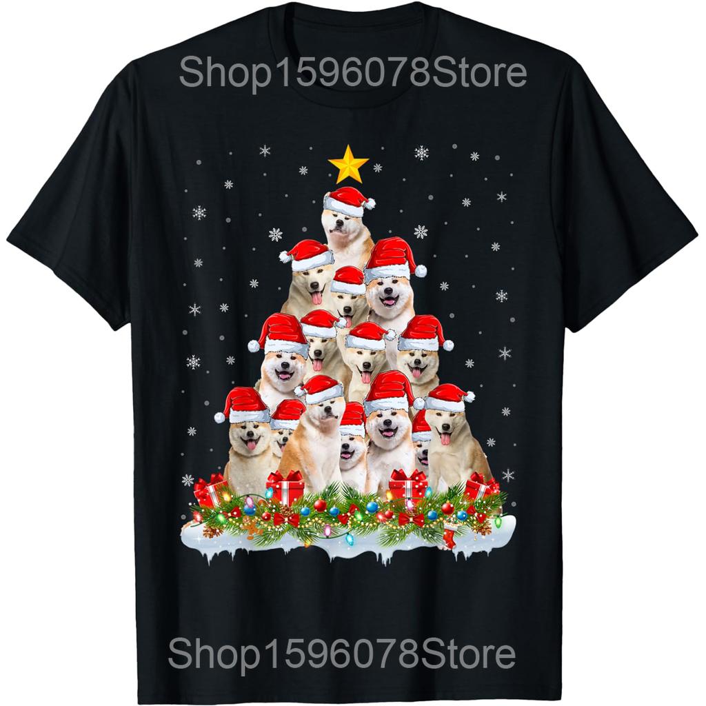 Santa Xmas Lights Dog Lover Akita Dog Christmas T Shirts Cotton Humor Streetwear Tee Shirt Short Sleeve Unisex Loose Clothing