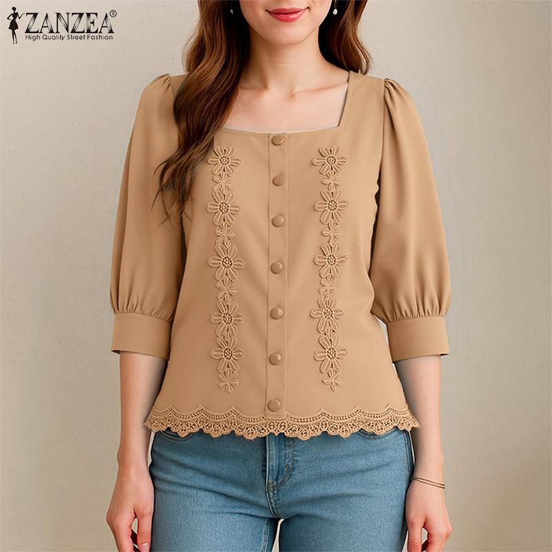 ZANZEA Women Square Neck Casual Flower Splice Summer 3/4 Sleeve Blouse