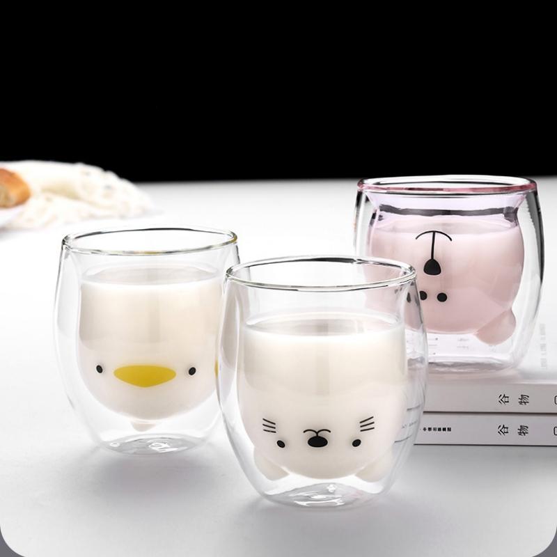 Творчий милий ведмідь Двошарова чашка для кави Подвійна скляна чашка Картонна коробка Тварина Молочне скло Леді Мила кішка Качка Собака Подарунок Різдвяний подарунок