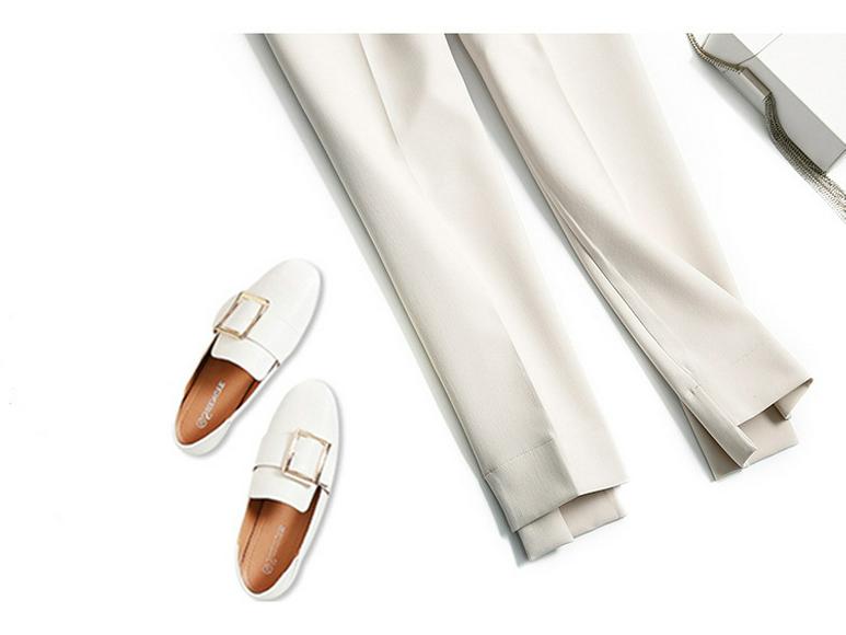 Women's Off-White High-Waist Slim Cigarette Pants - Light, Straight, Casual Spring Style