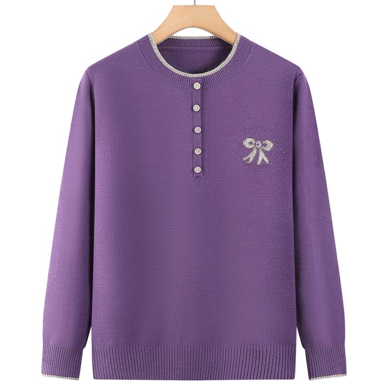 Women Plus Size Henley Knit Sweater Bow Rhinestone Decor Warm Long Sleeve Pullover