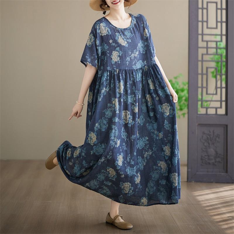 Short Sleeve Plus Size Vintage Floral New In Dresses for Women Casual Loose Maxi Long Summer Dress
