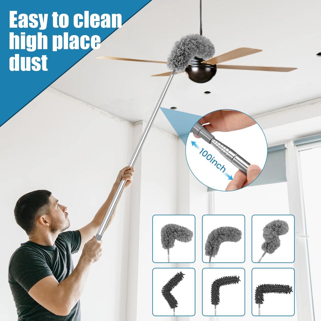 2.5M Telescopic Cleaning Duster Brush 6Pcs Set Crevice Spider Web Microfiber Brushes Bendable Household Dust Clean Remover