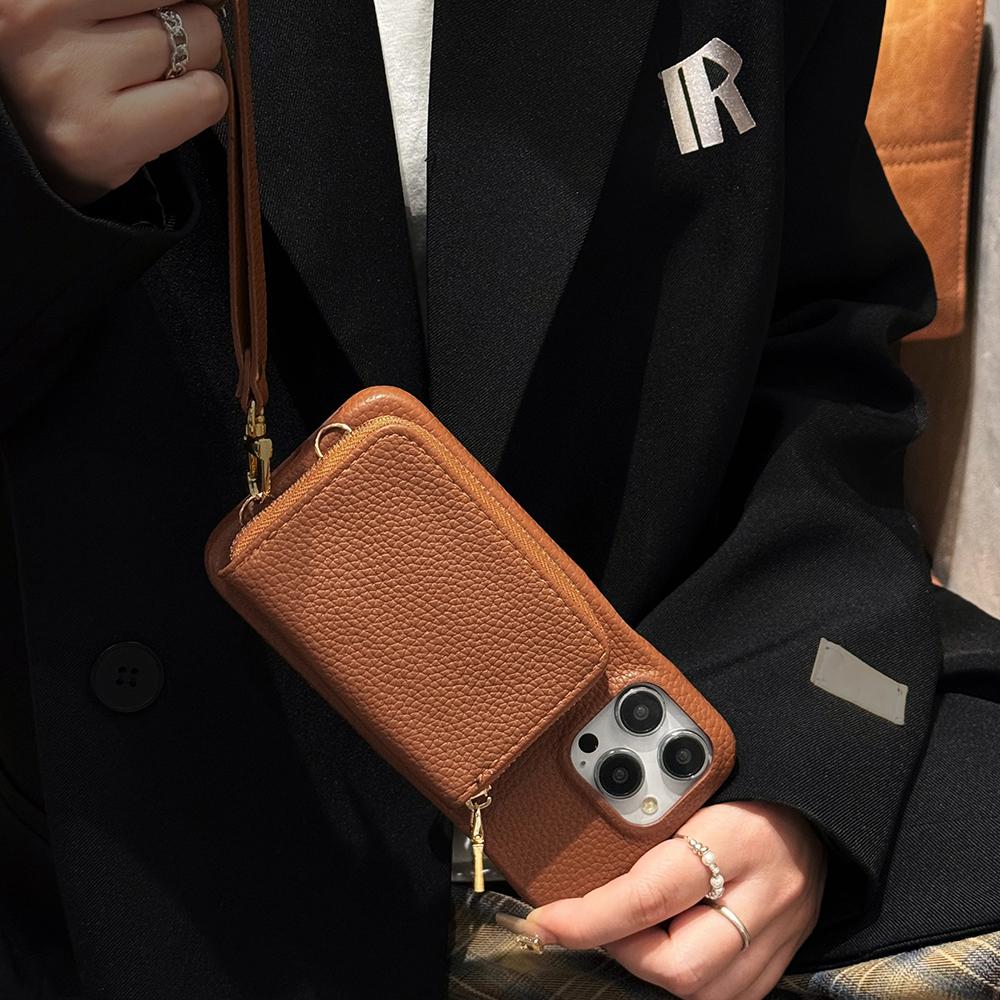Für iPhone 15 Pro Max Hülle Reißverschluss Kartenfächer PU Leder Handy Rückseite mit Handschlaufe