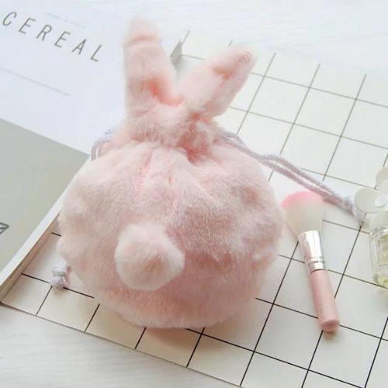 1Pcs Pocket Drawstring Bag Cute Bunny Plush Rabbit Ear Pouch With Fluffy Tail-Like Tassel Sweet Kawaii Makeup Bag Accessory