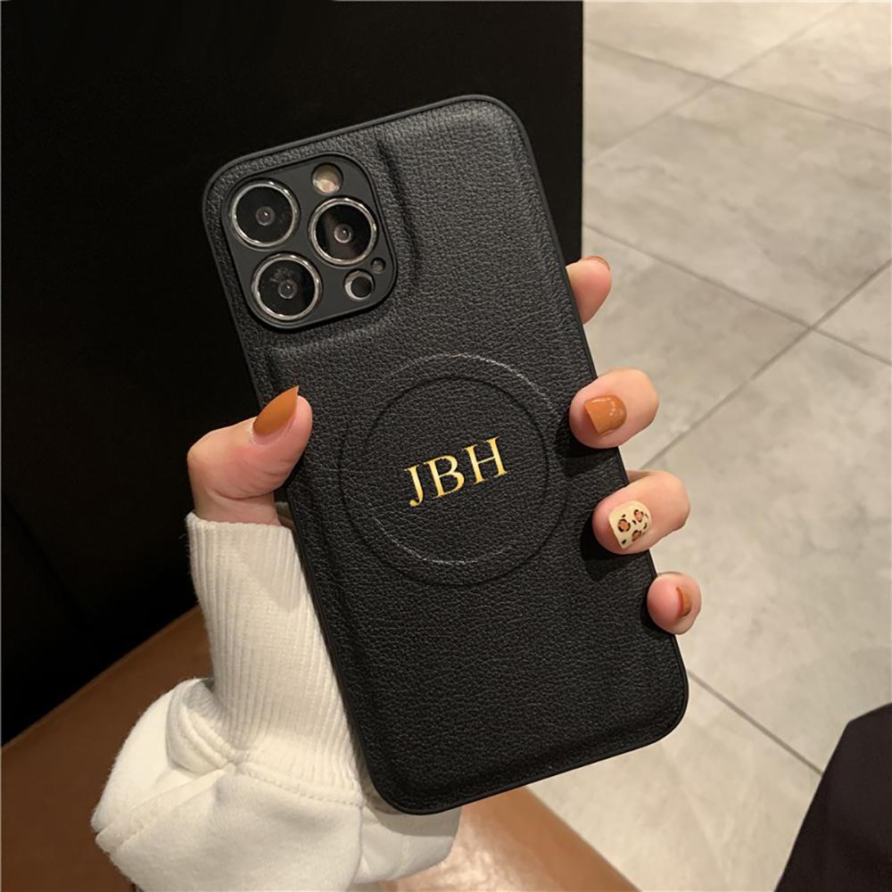 

Personalized Case For iPhone 11 12 13 14 15 16 17 Pro Max Initials Name Wireless Charging For Magsafe Leather Cover For iPhone 12