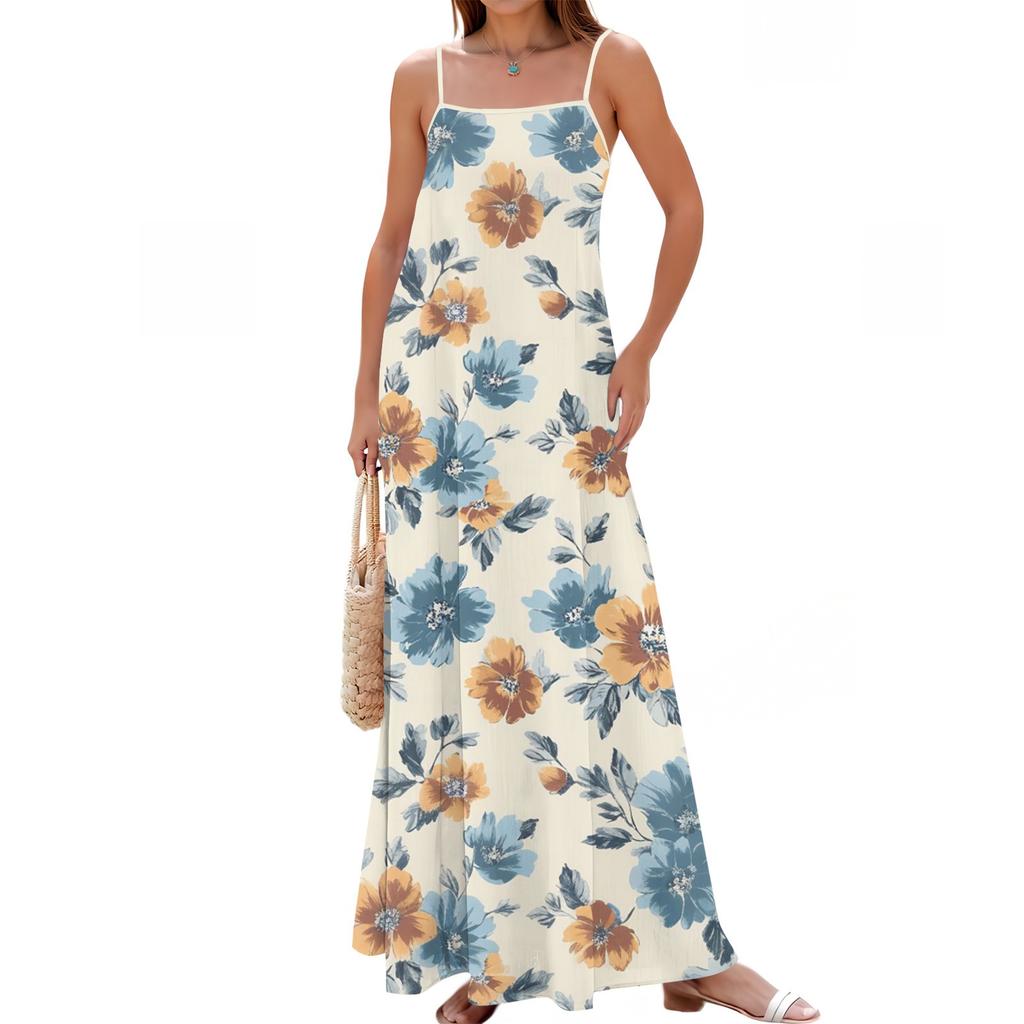 Women's Spring And Summer Casual Fashion Adjustable Suspenders Printed Long Dress