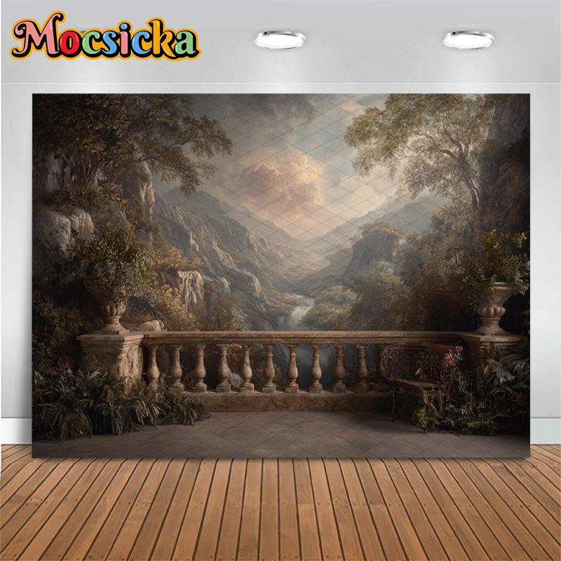 Mocsicka Vintage Floral Greek Column Backdrop Renaissance Oil Painting Photography Background Bridal Portrait Wedding Photoshoot