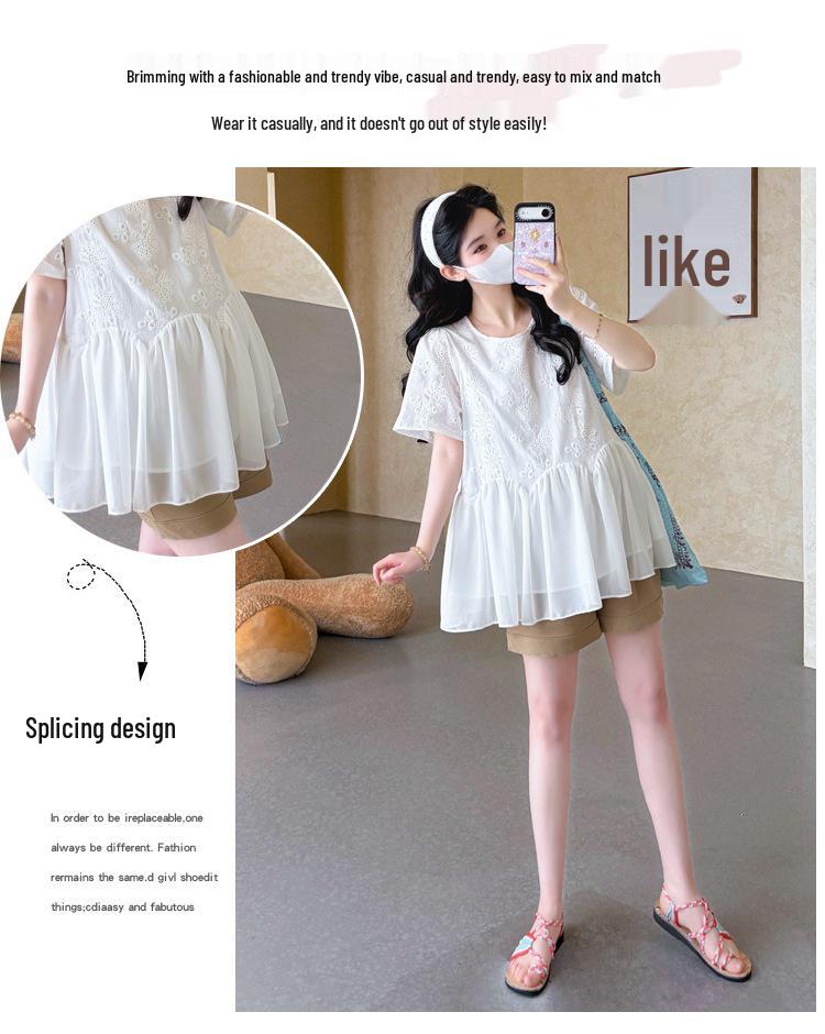 Korean Style Embroidered Patchwork Chiffon Doll Top & Tummy Support Shorts Set (Spring/Summer 2026)