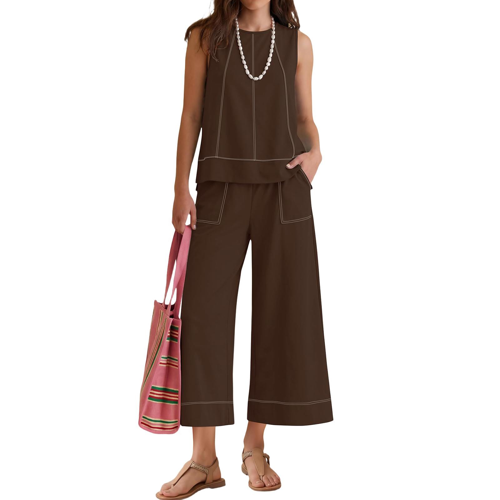 Women s Casual Loose-Fit Cotton-Linen Blend Sleeveless Top With Pockets And Long Pants Set S