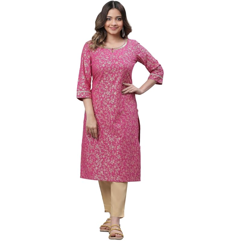 Aurelia Pink Foil Pattern Cotton Straight Long Kurta