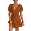 Women's Fashion Casual Color Short Sleeve V-Neck Loose Waist Ruffle Dress