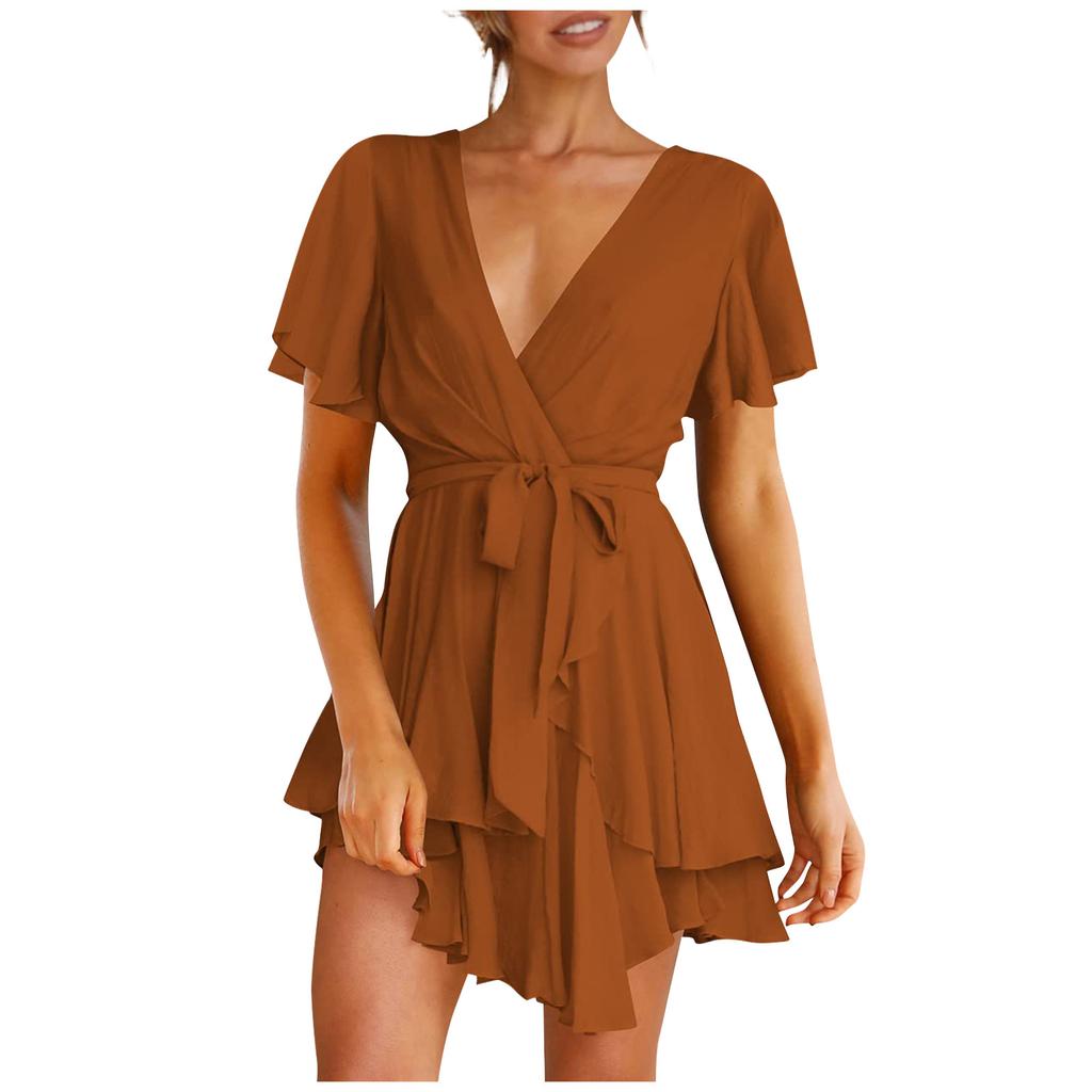 Women's Fashion Casual Color Short Sleeve V-Neck Loose Waist Ruffle Dress